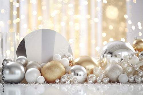 Modern minimalist creative christmas backdrop in gold and silver colors. AI generated