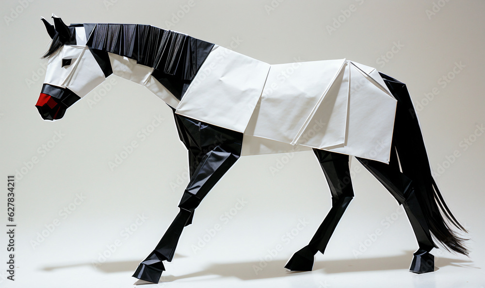 Obraz premium white black horse with red nose as origami on white background, generative AI