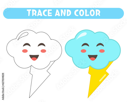 Trace and color cute little cloud with lightning. Worksheet for kids photo