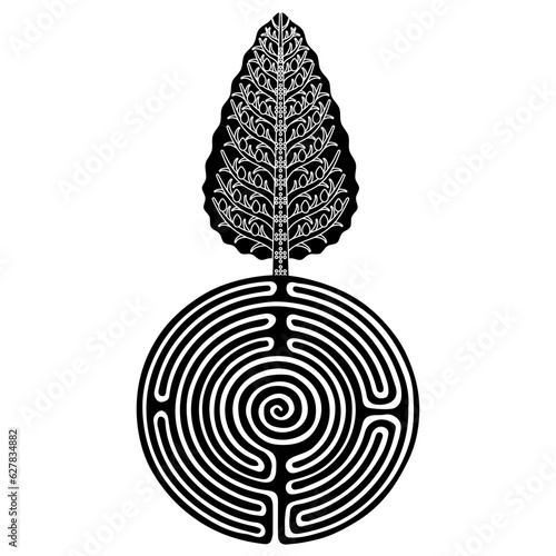 World tree with fruits and branches on top of a round spiral maze or labyrinth symbol. Ancient Iranian floral design. Creative mythological concept. Black and white silhouette.