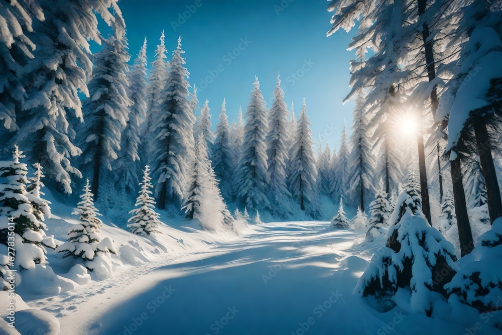 Winter landscape of forest trees covered with snow