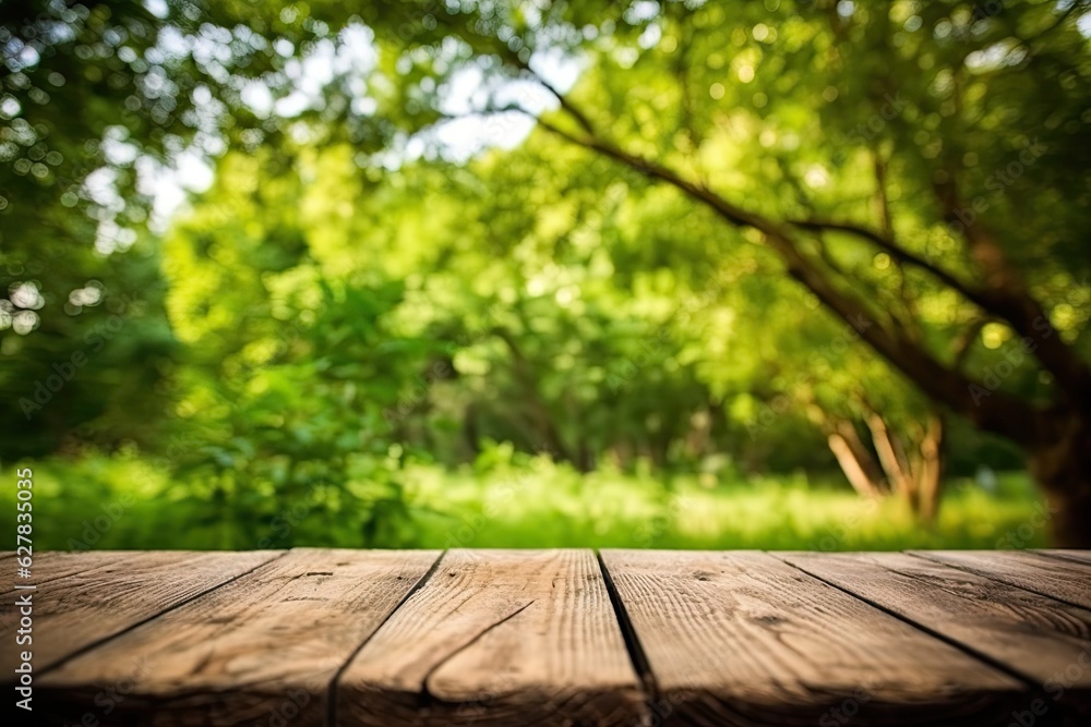 empty table for product showing - Green bokeh Natural background . Generative ai empty table for product showing - Green bokeh Natural background . Generative ai