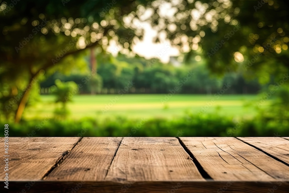 empty table for product showing - Green bokeh Natural background . Generative ai	