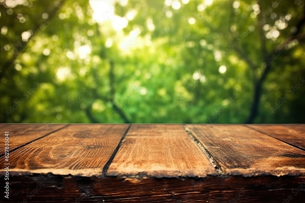 empty table for product showing - Green bokeh Natural background . Generative ai empty table for product showing - Green bokeh Natural background . Generative ai