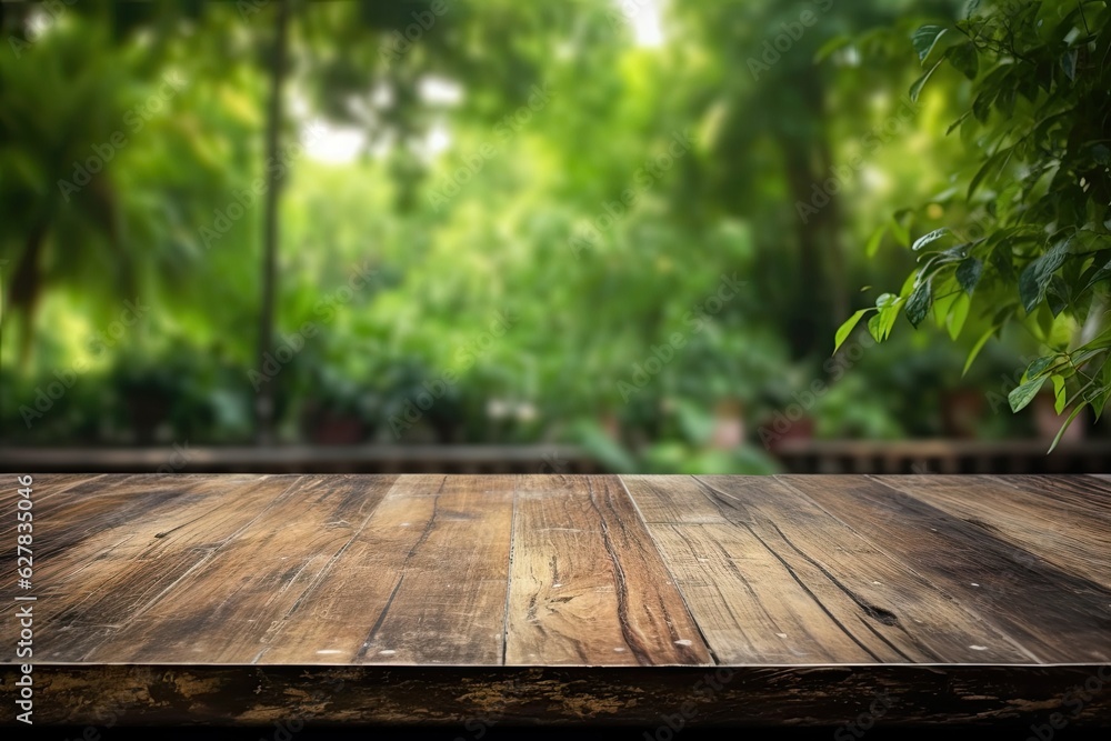 empty table for product showing - Green bokeh Natural background . Generative ai empty table for product showing - Green bokeh Natural background . Generative ai