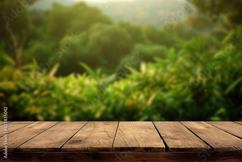 empty table for product showing - Green bokeh Natural background . Generative ai 