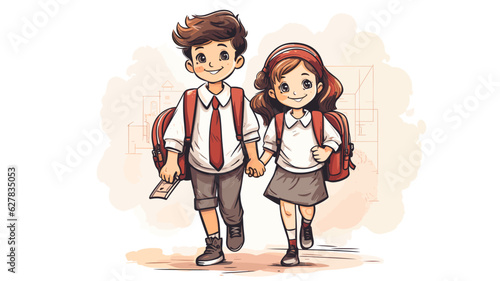 AI generated. Vector illustration. School boy and girl with satchel walking hand in hand. White background. Back to school theme.
