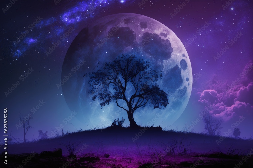 Lonely tree in the night forest with full moon. Halloween background