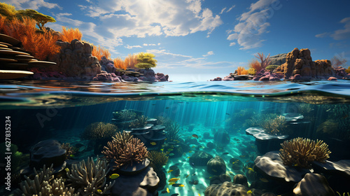 photo of the tropical island underwater and over the water 