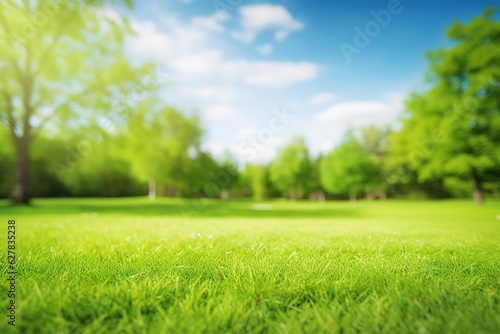 Beautiful blurred background green grass under blue skies