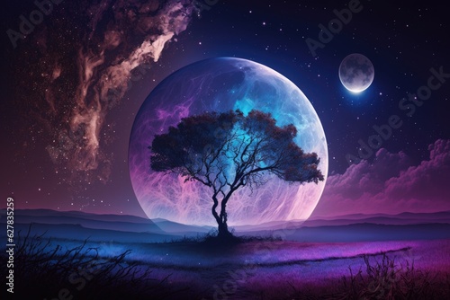 Fantasy landscape with a tree and full moon in the night sky