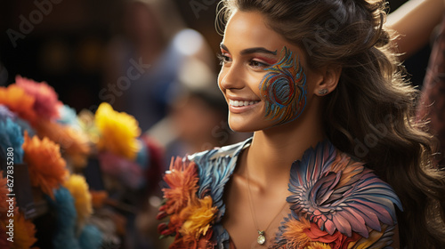 portrait of a person with flowers and makeup on her face 