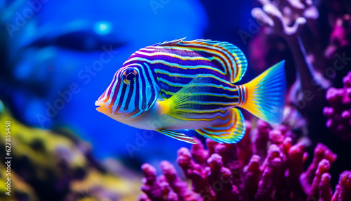 colorful tang fish close up among coral reef underwater world made with Generative AI