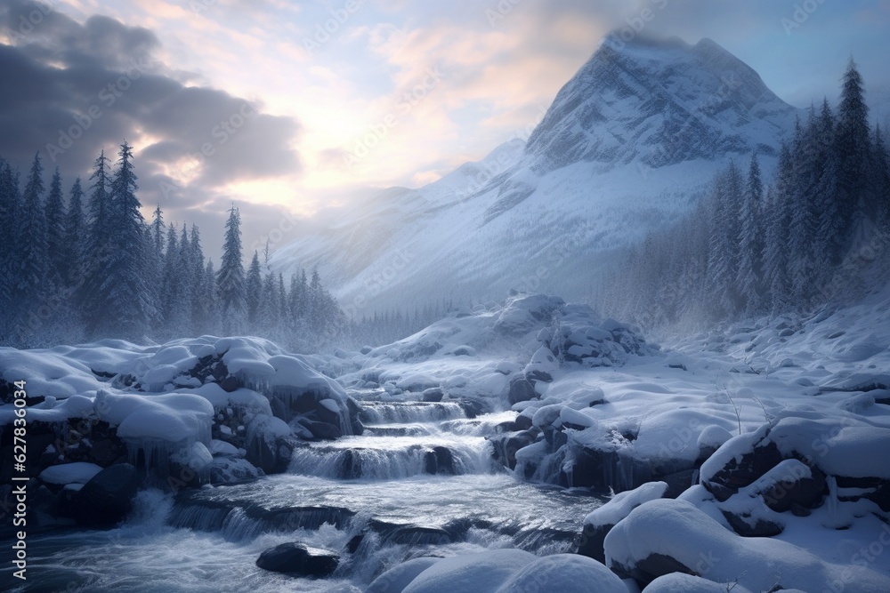Photography of mountain landscapes with majestic waterfalls and fresh snow, Generative AI