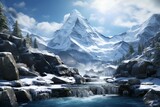 Photography of mountain landscapes with majestic waterfalls and fresh snow, Generative AI