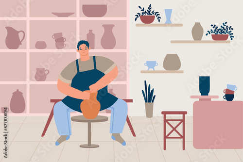 Pottery hobby, ceramic craft master. Cheerful male character making clay vase. Handcrafted ceramics, creative hobby
