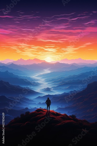 a person standing on a mountain summit overlooking a valley, sunrise in the morning