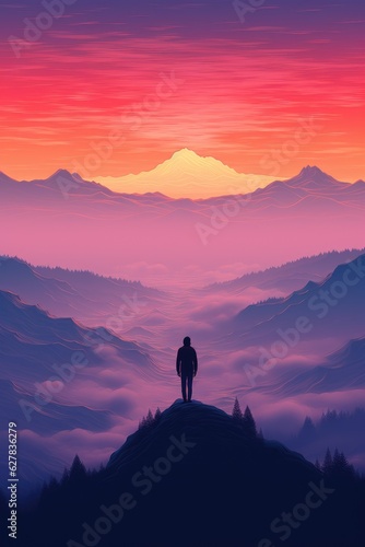 a person standing on a mountain summit overlooking a valley  sunrise in the morning
