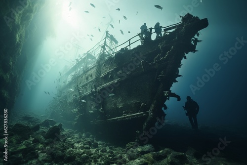 Photograph of people diving historic and mysterious shipwrecks, Generative AI © Nino46