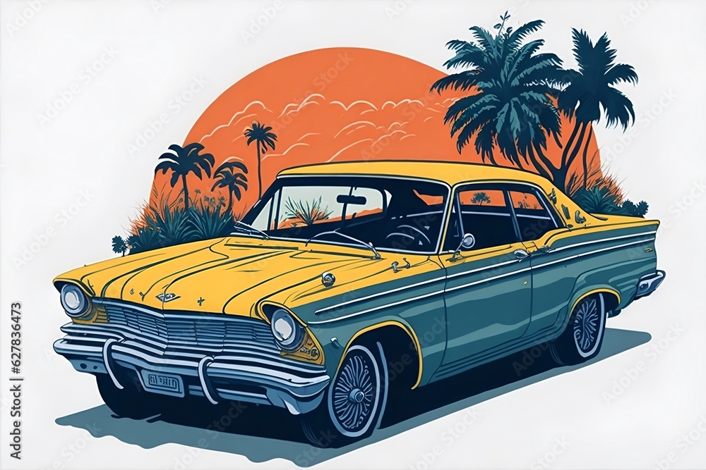 Retro car with Florida beach background. AI generated illustration