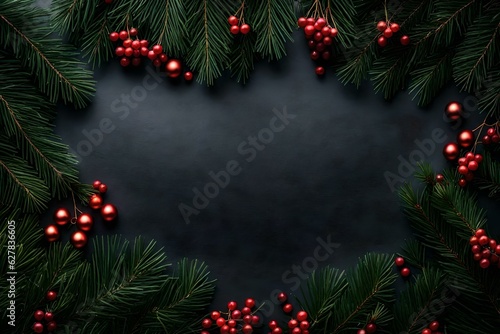 Christmas banner with red balls on black background. Copy space.