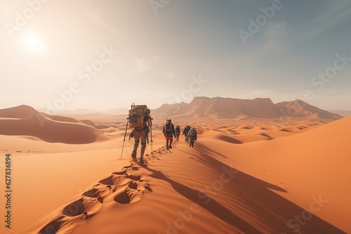 Photograph of people practicing adventure sports in vast, arid deserts, Generative AI