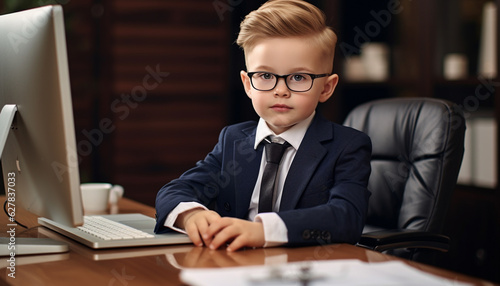 child boss in business suit in office, made with Generative AI