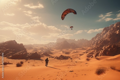 Photograph of people practicing adventure sports in vast, arid deserts, Generative AI