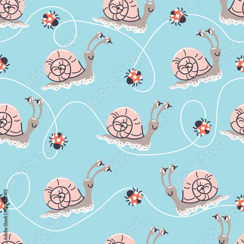 Cartoon snail and ladybug.Seamless pattern with beetle and land mollusc for kid's apparel.Children's animal background.Cute print on fabric and paper.Pink, gray and blue colors.Vector  illustration.