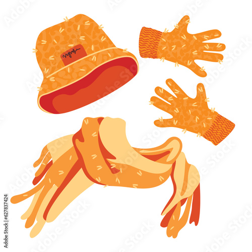 Winter panama hat, scarf and gloves. Warm knitted elements of clothing for cold weather. Set of cozy things in color isolated on white background.Vector flat cartoon illustration. 