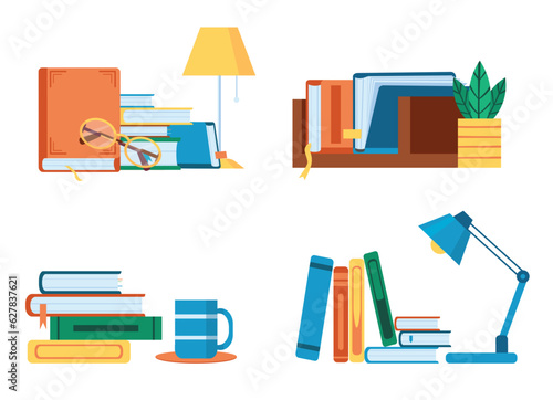 Reading literature, flat book stacks and piles for study. Table with textbooks and lamp, glasses or cup. Shelf book for education