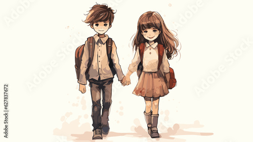 AI generated. Vector illustration. School boy and girl with satchel walking hand in hand. White background. Back to school theme.