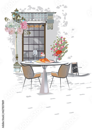 Series of backgrounds decorated with flowers, old town views and street cafes. Café window.   Hand drawn vector architectural background with historic buildings. 
