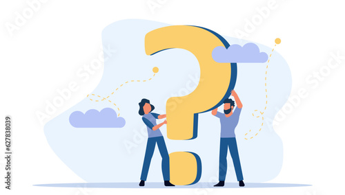 Person people question mark answer vector illustration concept action. Advice ask business cartoon FAQ help man and woman background. Problem idea confusion human. Think banner support conversation