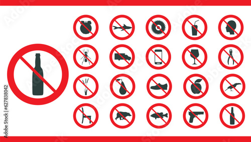 Red prohibition sign object set. Stop icon forbidden and warning information collection vector illustration