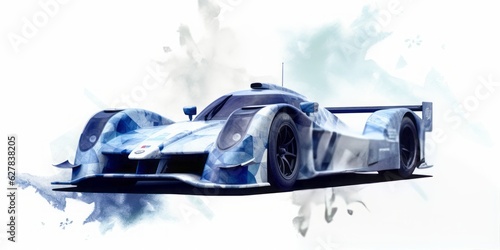 Blue Aquarelle Silhouette of a Sleek Racing Car on a White Background, Crafted with the Style of Digital Airbrushing, Capturing the Thrilling Motion and Automotive Excellence