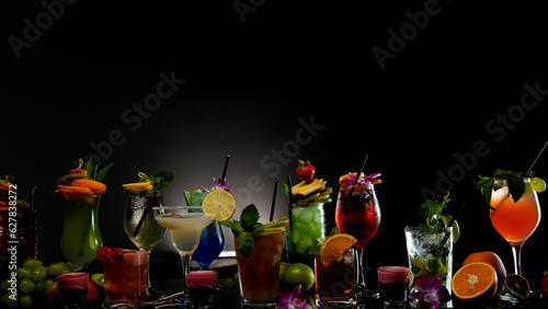 Ready-made multi-colored cocktails stand on the bar