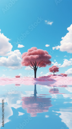 A vibrant pink tree standing tall in the middle of a serene lake