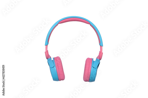 Pink and blue wireless headphones isolated on white background. Fashionable modern youth wireless headphones.