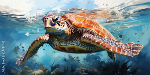 watercolor beautiful compelling sea turtle in coral reef 