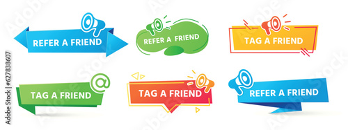 Referral program label, friends recommendation and social marketing tag friend banner. Sharing information in networking sites