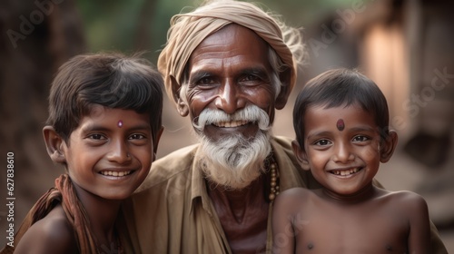 Happy Family - Happy People. Indian Grandfather with his Grandchildren. AI Generative