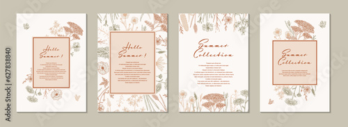 Summer vertical design with wildflowers. Hand drawn vector illustration in sketch style. Social media stories template. Meadow flowers poster. Wedding invitation