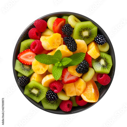 Bowl of healthy fresh fruit salad isolated on transparent background  top view