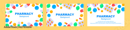 Set of pharmacy backgrounds. Pills and drugs design. Medicine flat vector illustration