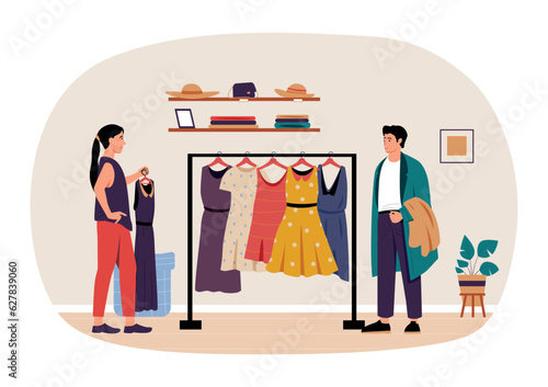 Shopping and buying concept. Woman choosing dress in store. Customer purchasing clothes in retail shop. Cartoon buyer