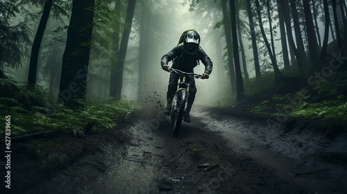 illustration, cyclist on a road in the forest, ai generative