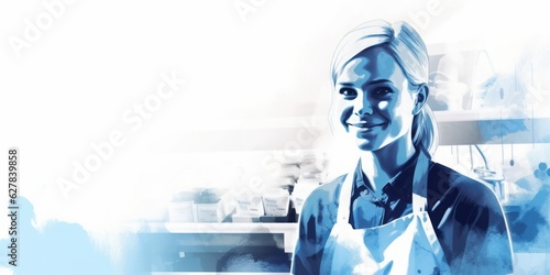 Blue Aquarelle Silhouettes of a Smiling Young Saleswoman with Arms Crossed, Skillfully Assisting Customers in Front of the Apron in a Supermarket, Crafted with the Style of Digital Airbrushing