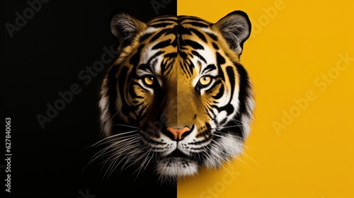 international tiger day  tiger face painting of tiger  realistic forest  yellow and black background