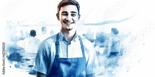 Blue Aquarelle Silhouettes of a Smiling Young and Attractive Salesman with Arms Crossed, Skillfully Assisting Customers in Front of an Apron in a Supermarket, Crafted with the Style of Digital Airbrus